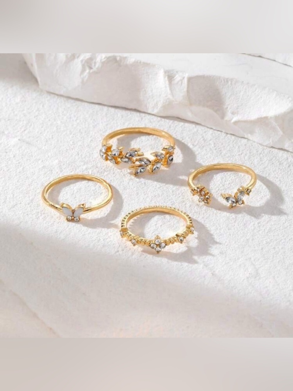 Gold Floral Ring Set – 5pc Stackable Rings - Picture 3 of 3